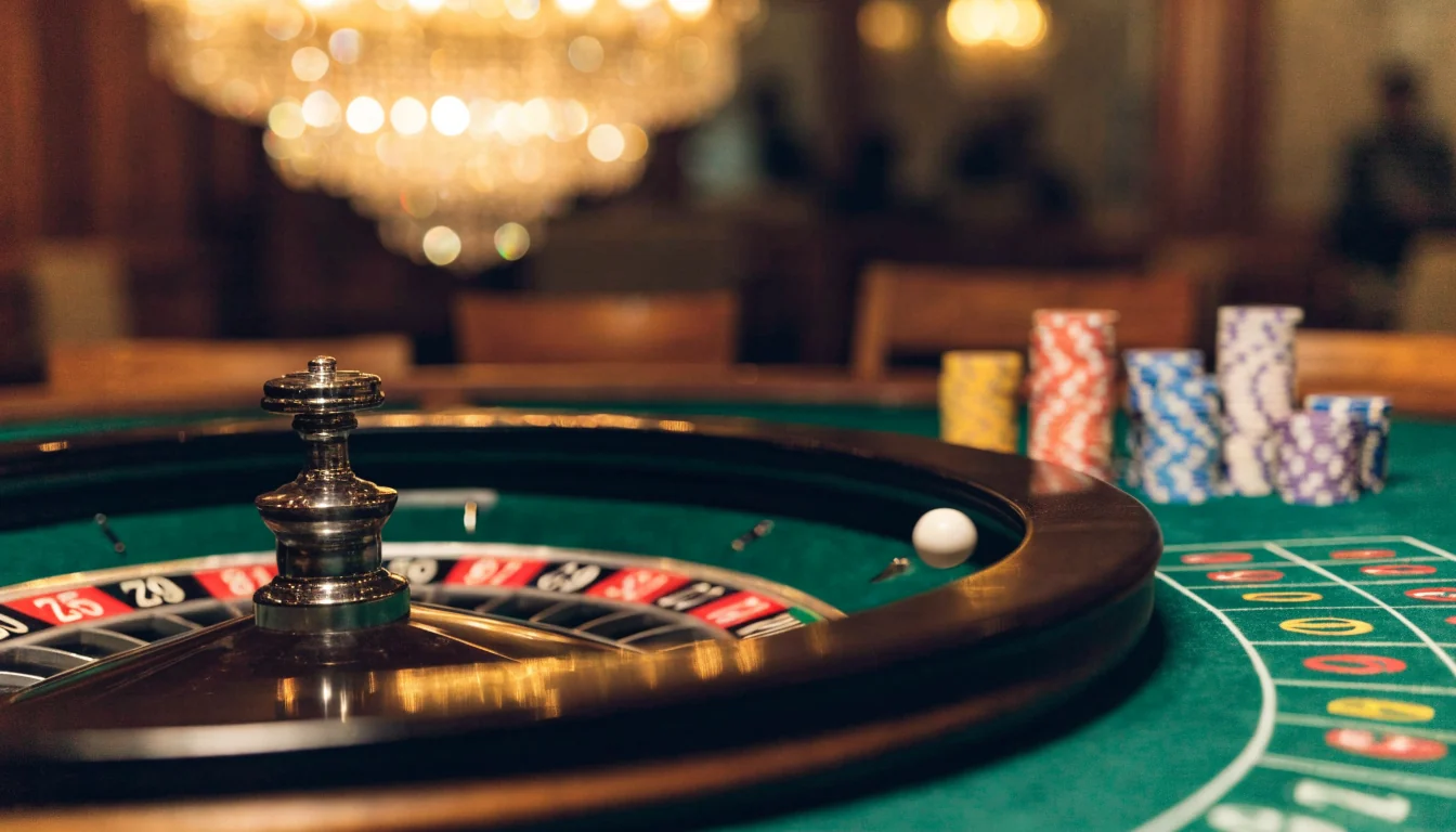 Elegant roulettehjul som snurrar på grönt filtbord i en sofistikerad casinomiljö