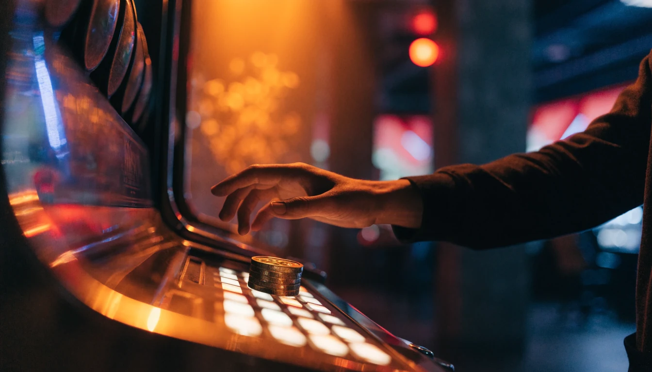 Gyllene mynt med procentsymbol vid en upplyst spelautomat i en svensk casinohall