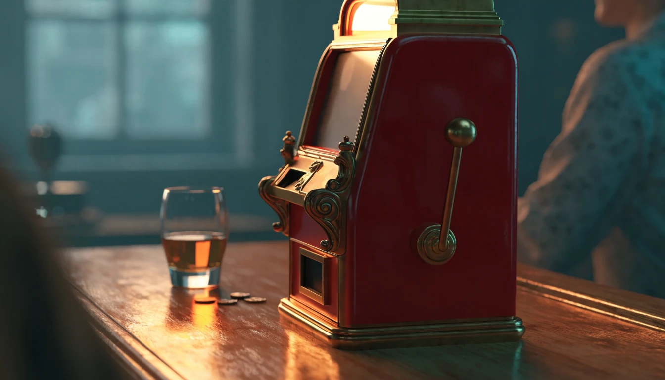 Stiliserad spelautomat i mysig skandinavisk loungemiljö med varm belysning