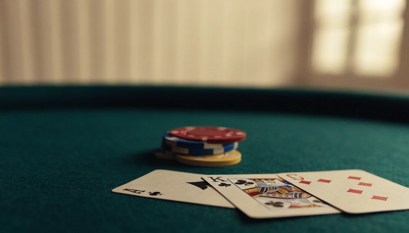 Blackjackbord med spelkort och casinokicker i varm belysning