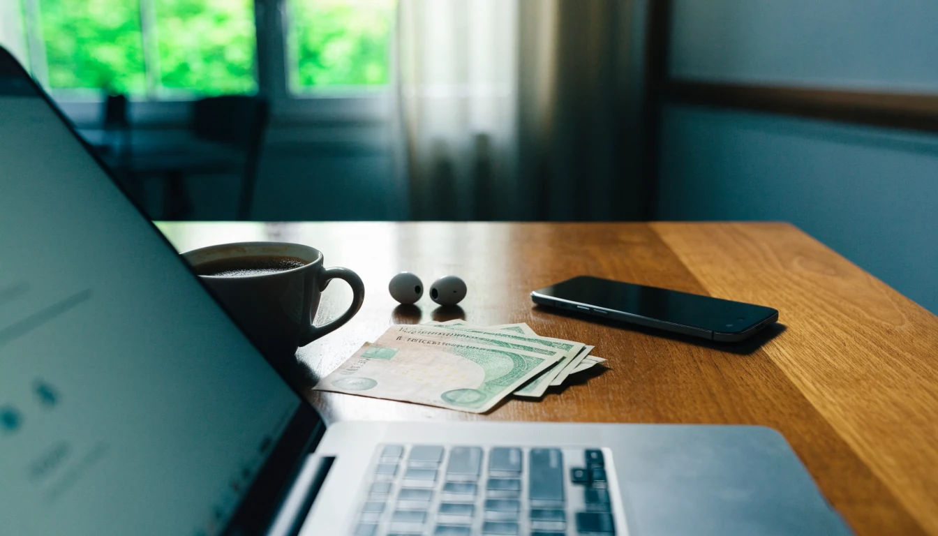 Svensk kronor sedlar, mobiltelefon och laptop på skrivbord