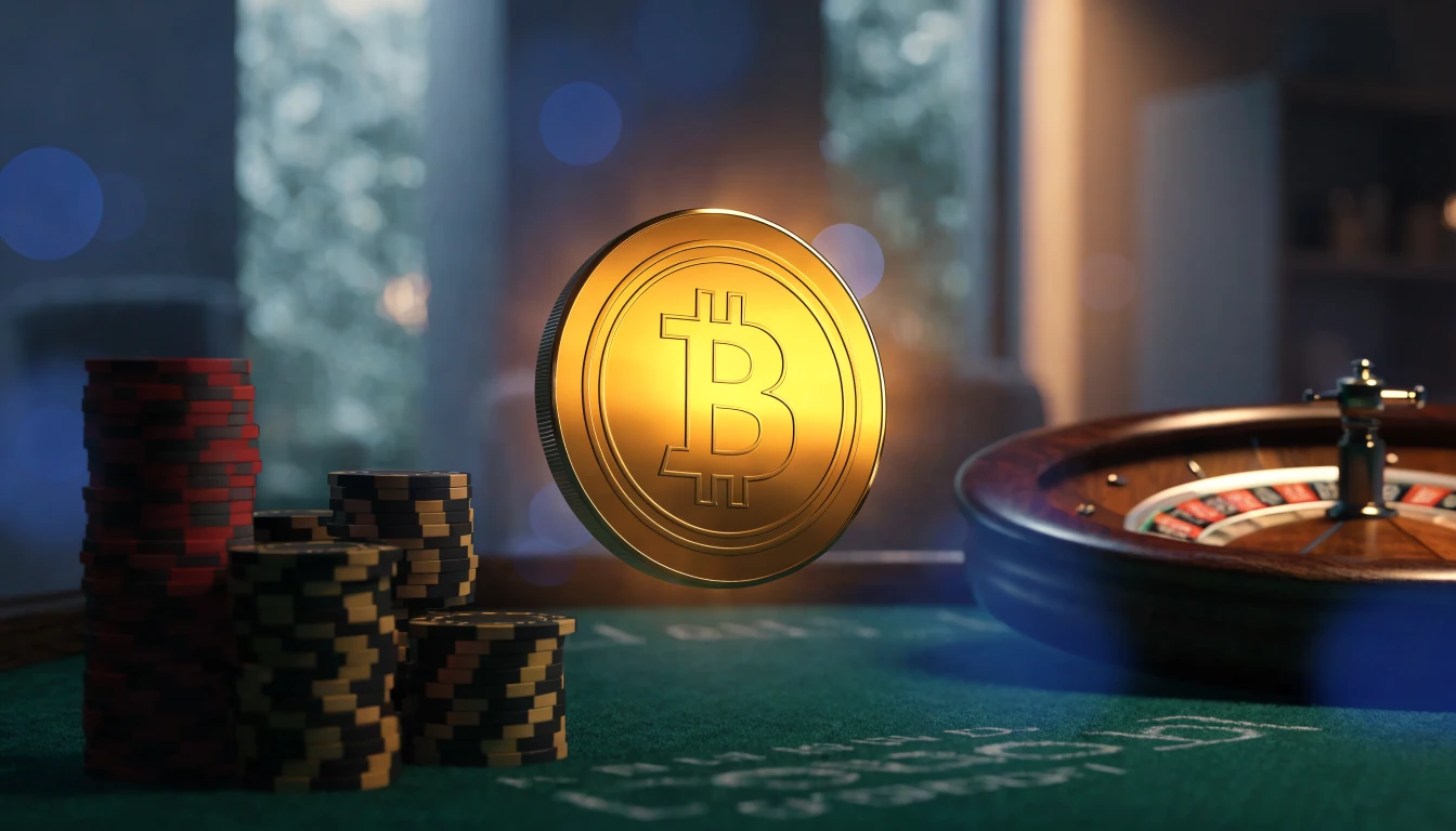 Gyllene Bitcoin-mynt över casinobord med marker och roulette