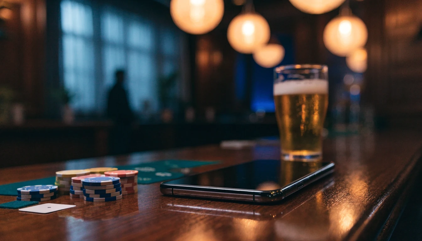 Smartphone med casinofigurer och spelkort på bardisk i svensk lounge