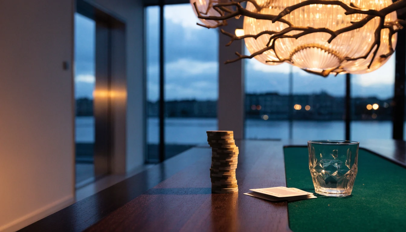 Elegant skandinavisk interiör med casinomarker och spelkort på grönt filtbord