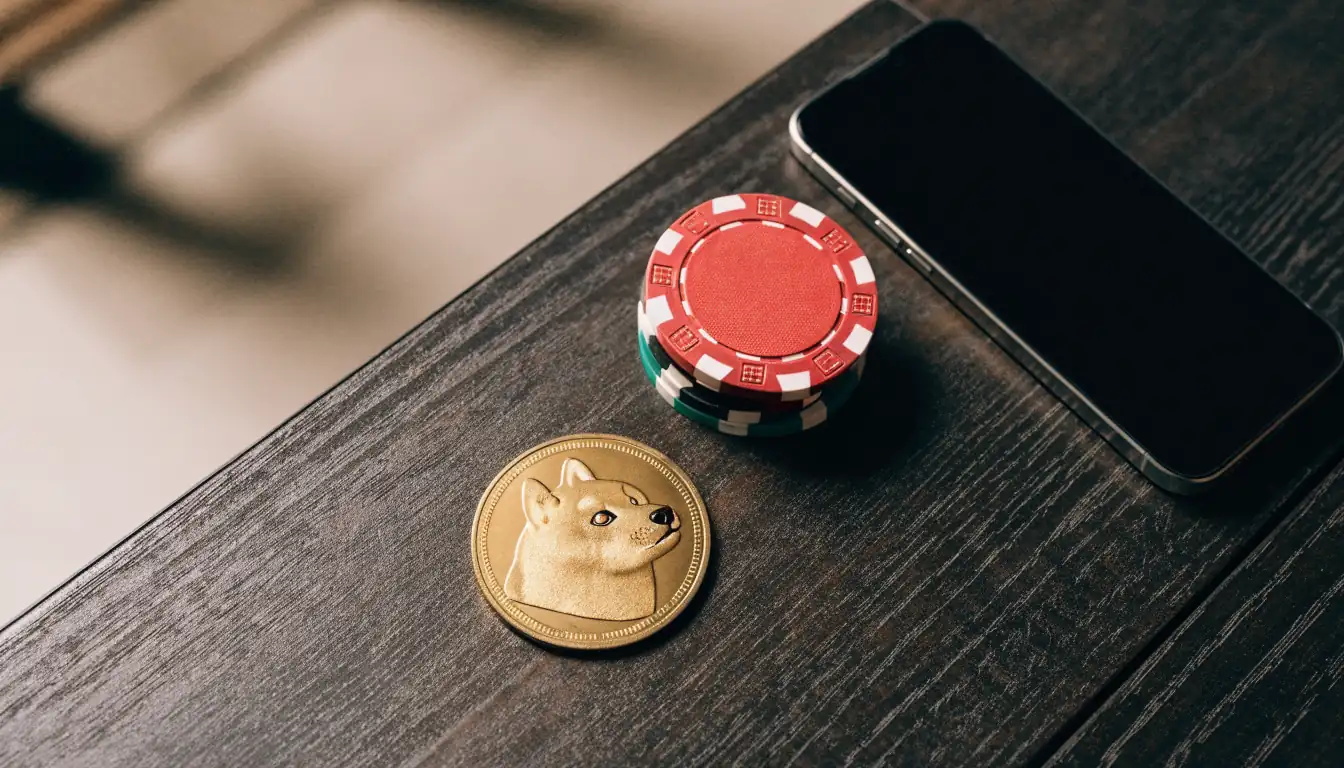 Dogecoin-mynt bredvid pokermarker och en smartphone på ett bord