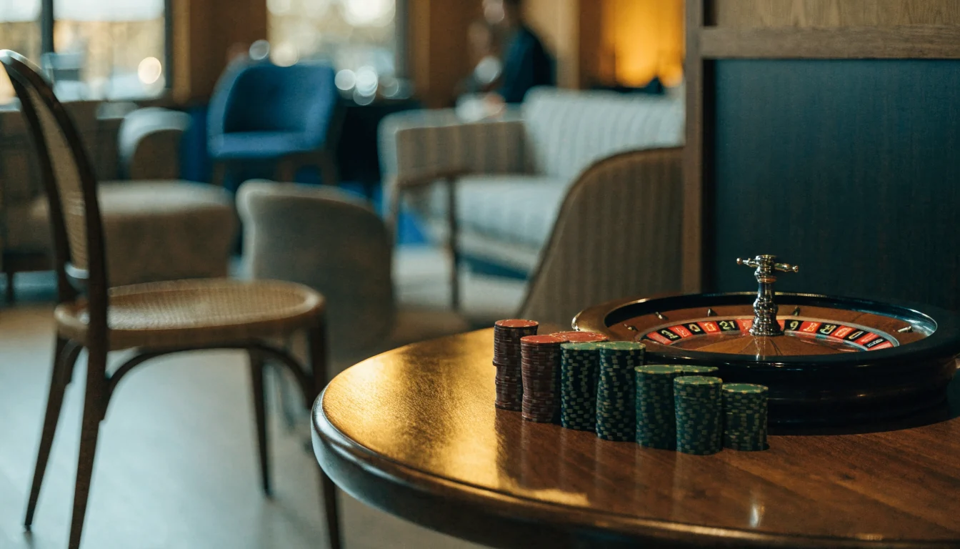 Elegant nordiskt casinorum med roulettehjul och färgade marker på ett bord