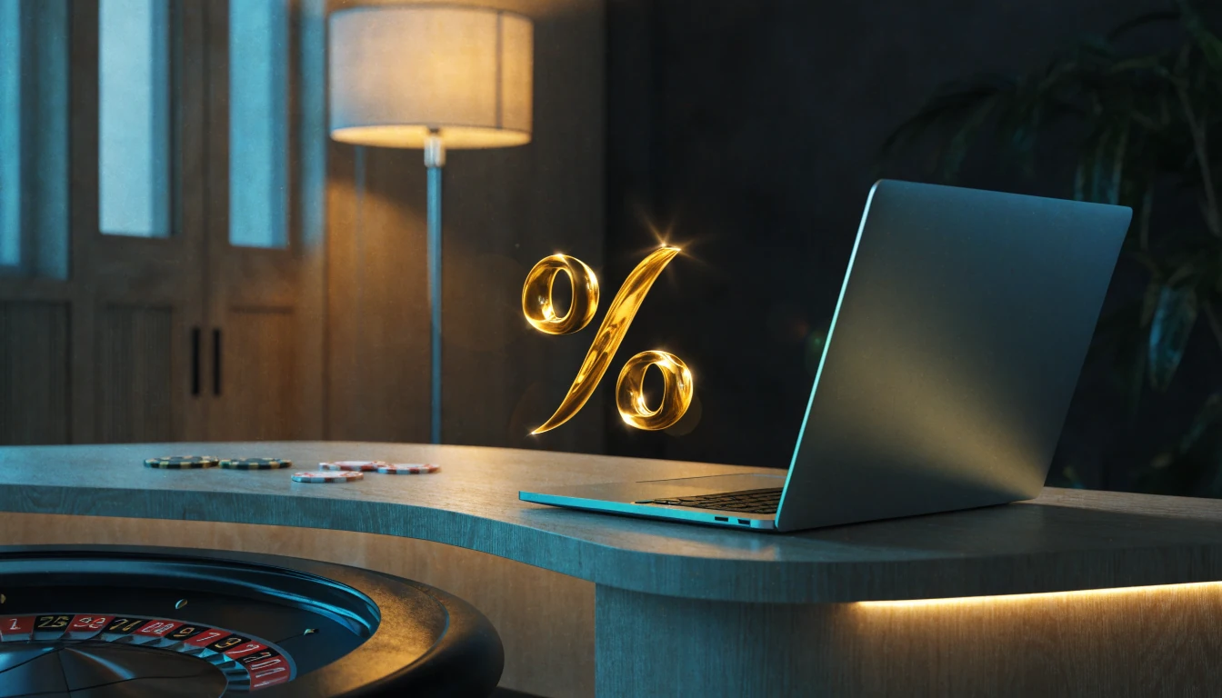 Stiliserad scen med laptop, casinofigurer och glödande procentsymbol i modernt skandinaviskt rum
