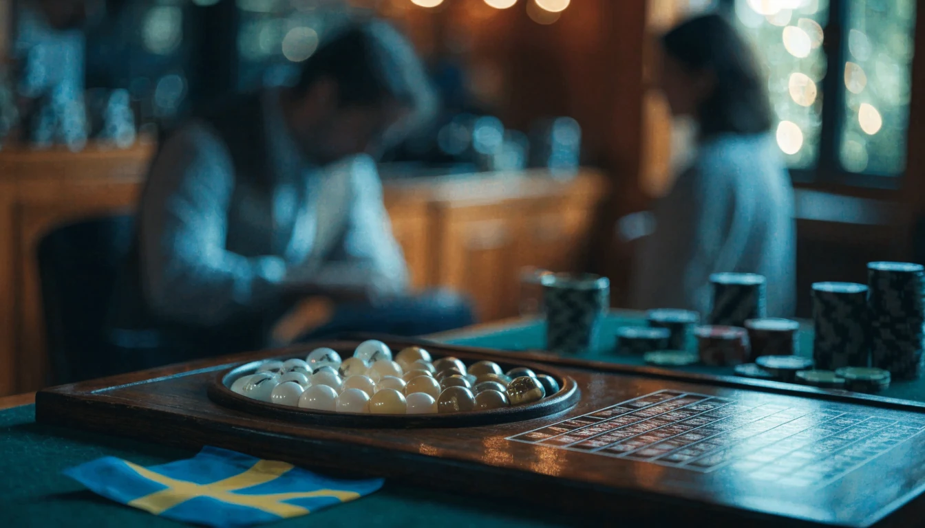 Svensk keno-bricka med markerade nummer, casinofärger och svensk flagga i bakgrunden