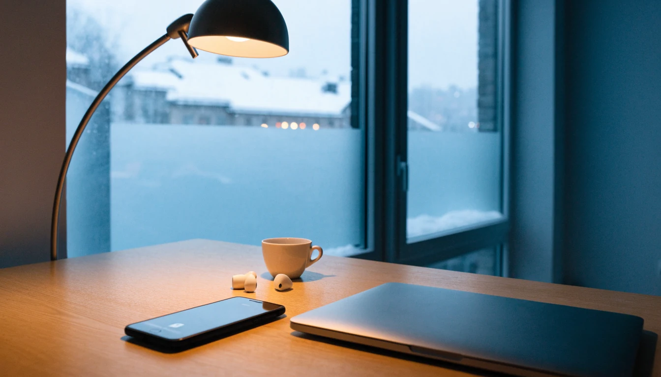 Skandinaviskt skrivbord med laptop och telefon i vinterljus