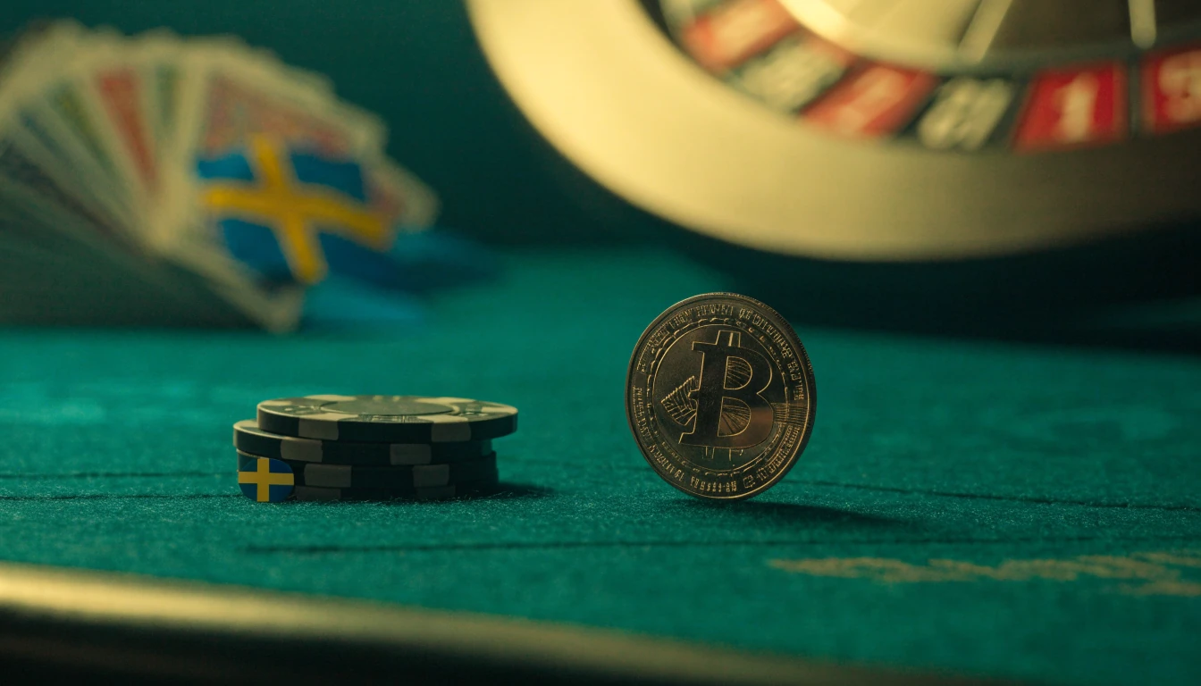Litecoin-mynt på casinobord med roulette och svensk flagga