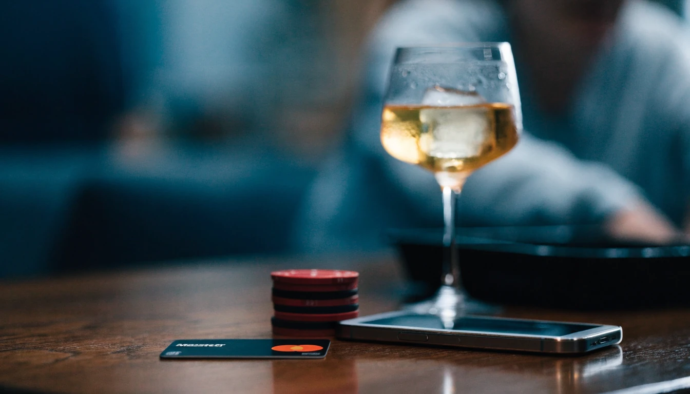 Mastercard-kort, smartphone och casinoföremål på bord