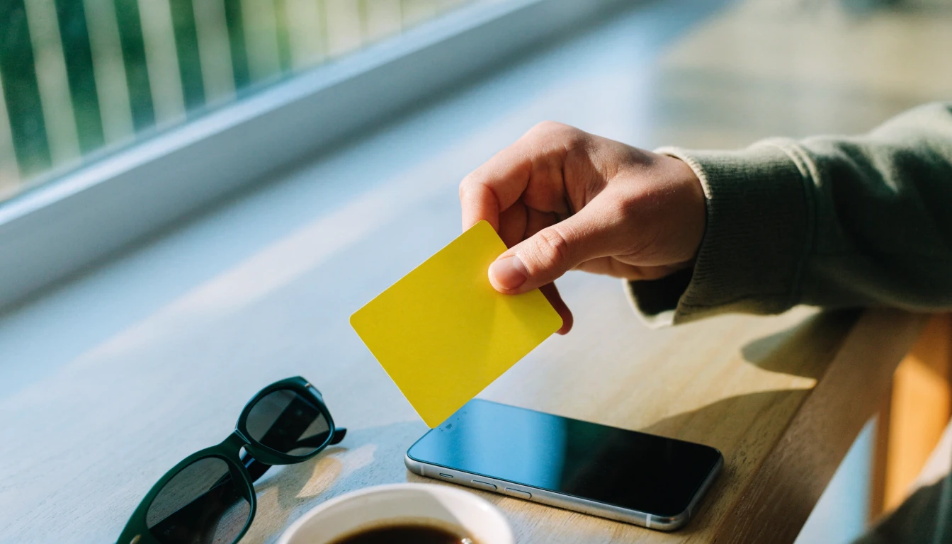 Hand som håller ett Paysafecard-konto nära en mobiltelefon på skrivbordet