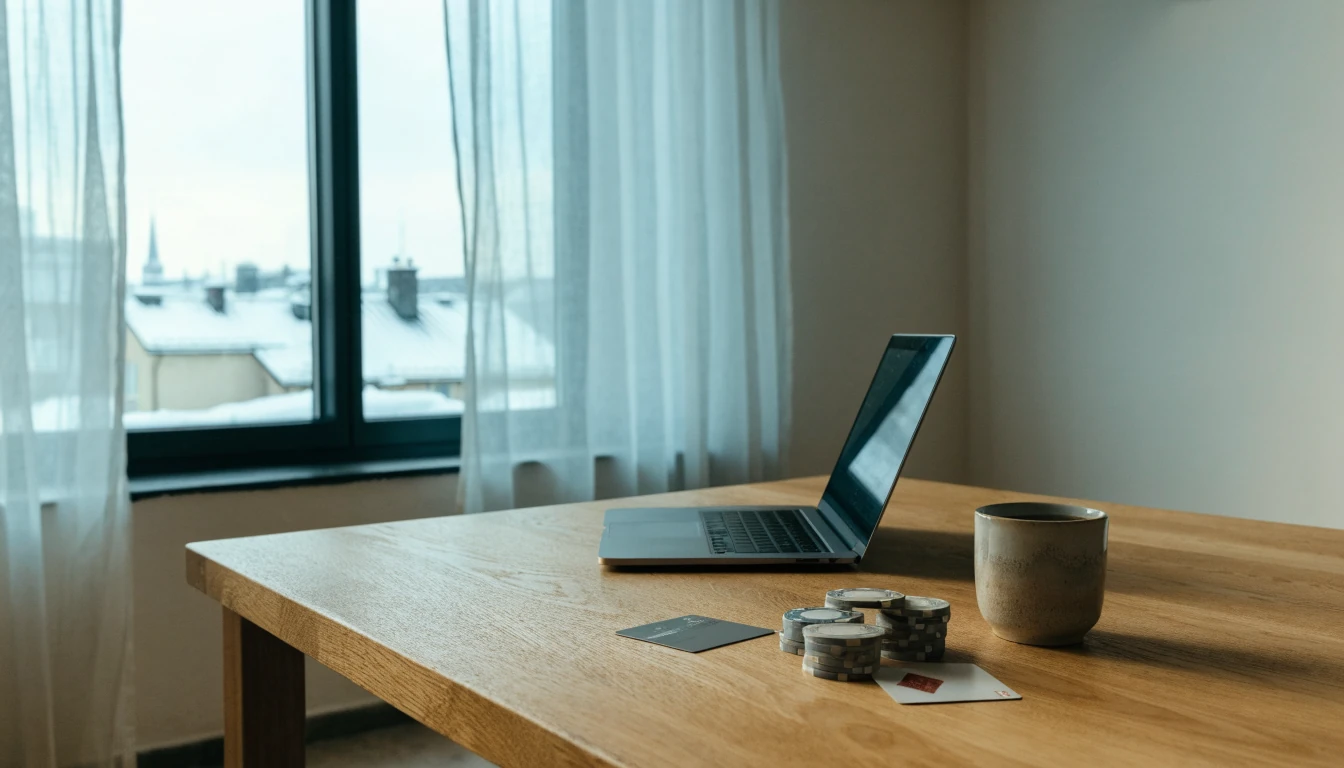 Minimalistiskt skandinaviskt rum med casinotillbehör och betalkort på ett bord vid fönstret
