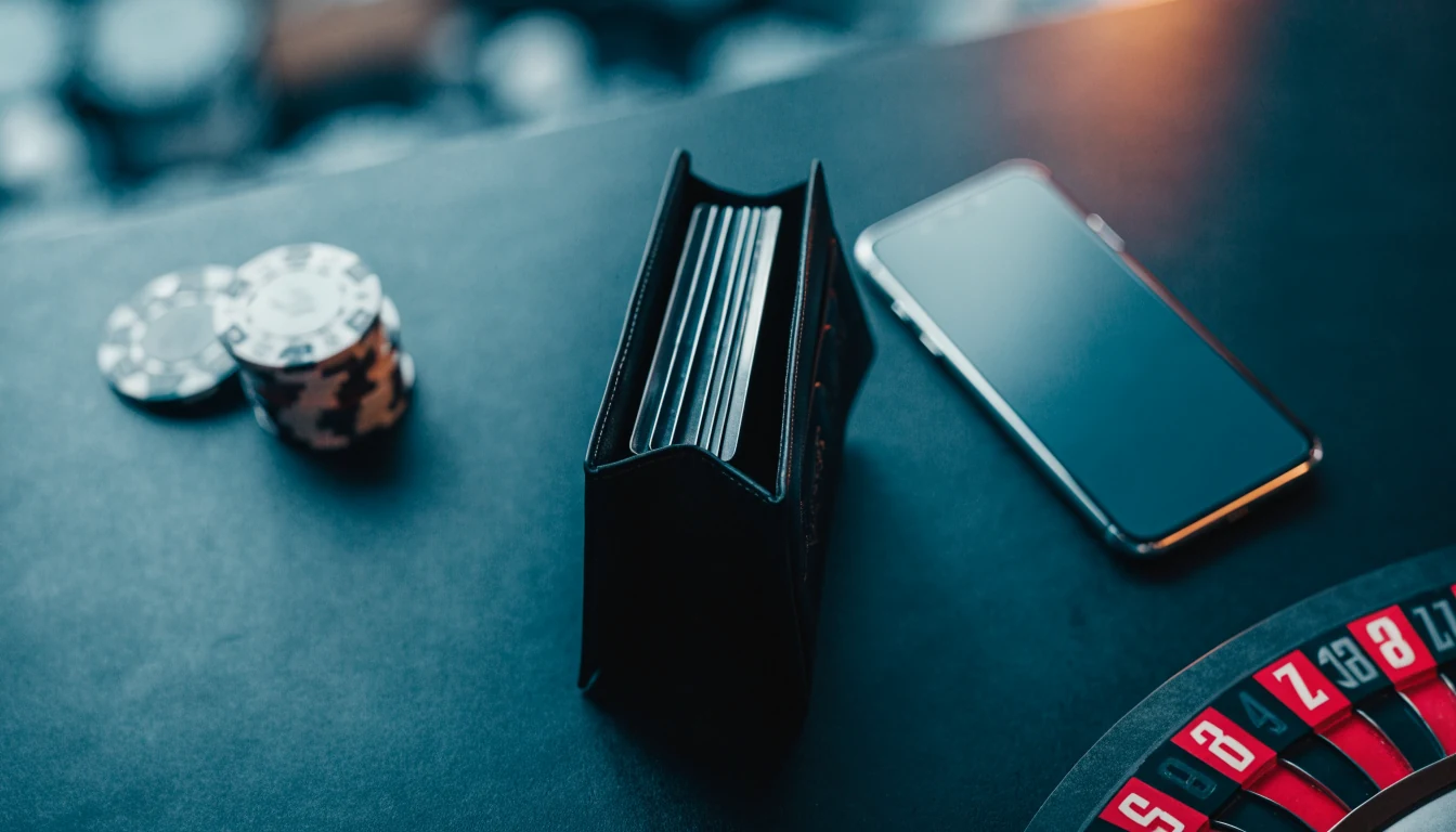 Plånbok med bankkort, vänd telefon och casinomarker