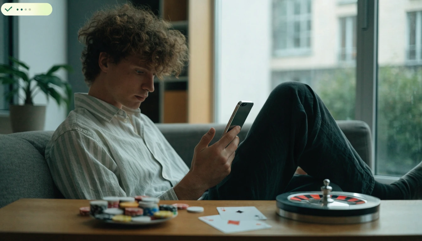 Svensk person med smartphone, casinotillbehör och mobilbetalning i vardagsrum