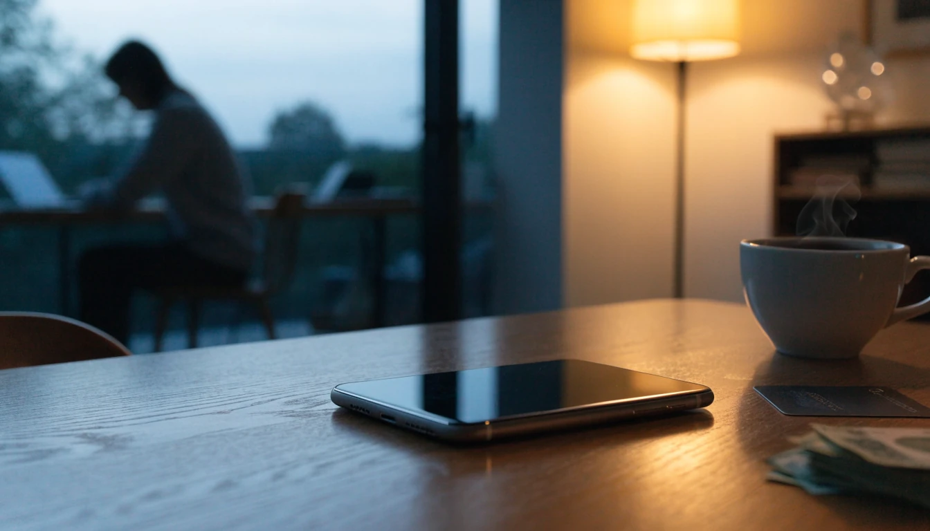 Svensk modern vardagsrum med telefon och kronors sedlar som symboliserar snabba casinouttag