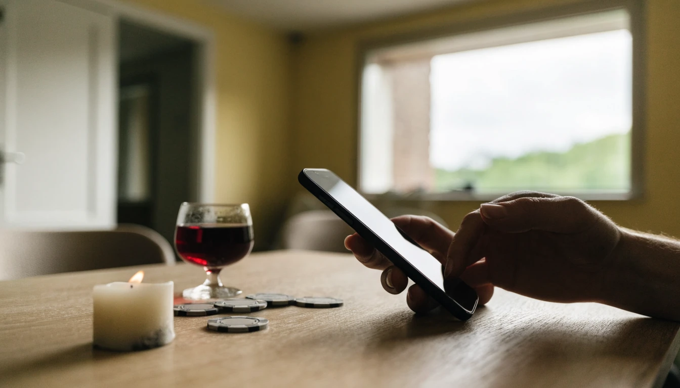 Hand som håller en smartphone vid ett bord med casinofigurer och levande ljus i svensk miljö