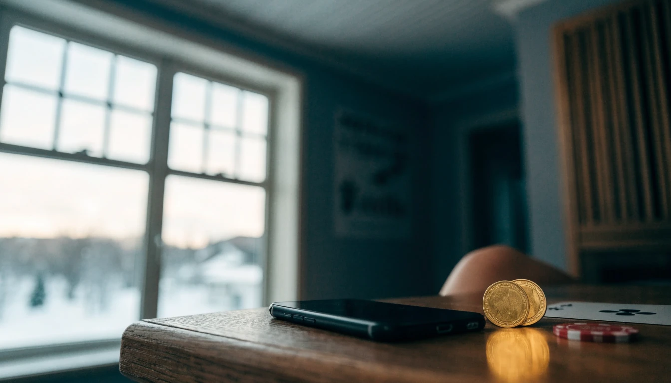 Smartphone med kryptovaluta och casinotillbehör i svensk hemmiljö