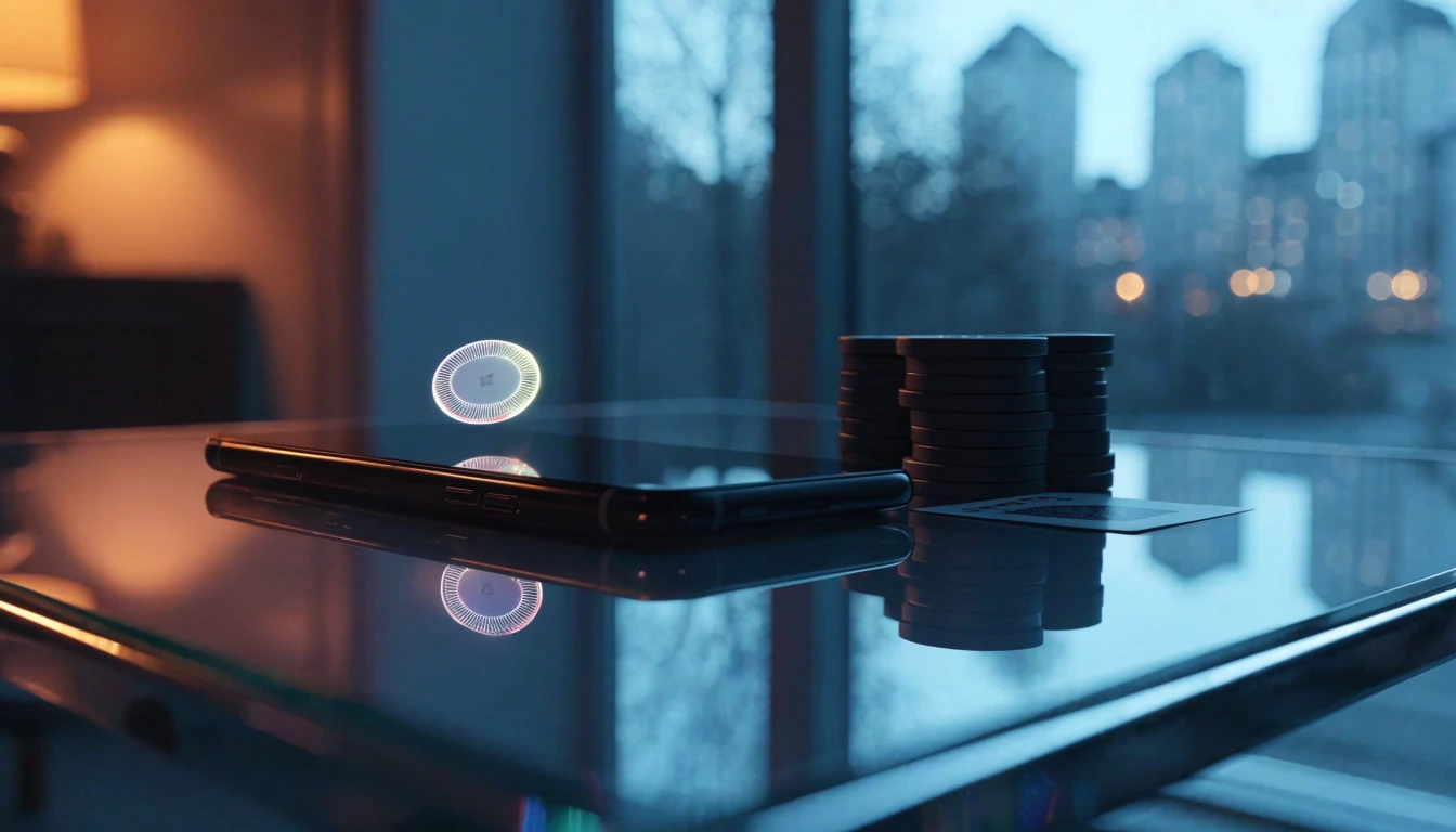 Glödande TRX-symbol över en vänd smartphone och casinofigurer i ett modernt svenskt rum