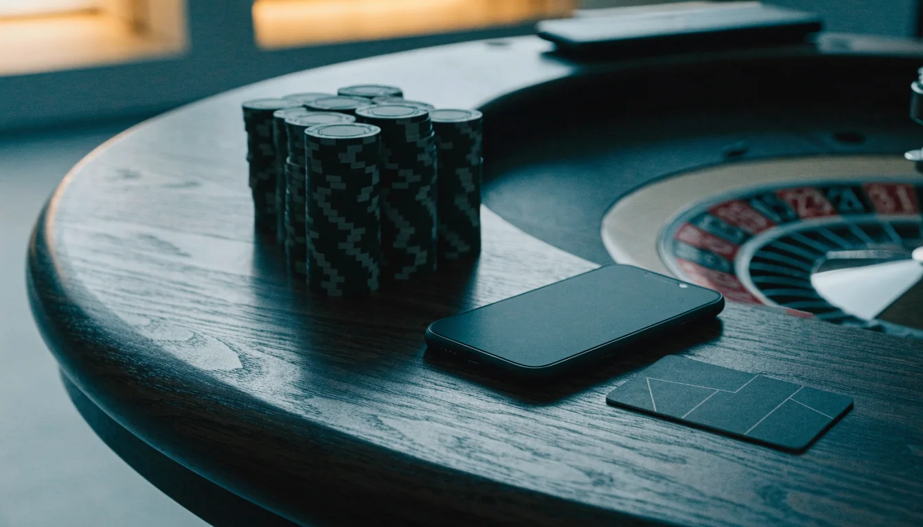 Mörkt casinobord med marker, rouletthjul och ett liggande bankkort i nordisk stil