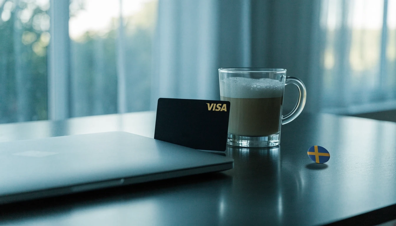 Svenskt skrivbord med Visa-kort och bärbar dator i minimalistisk nordisk stil