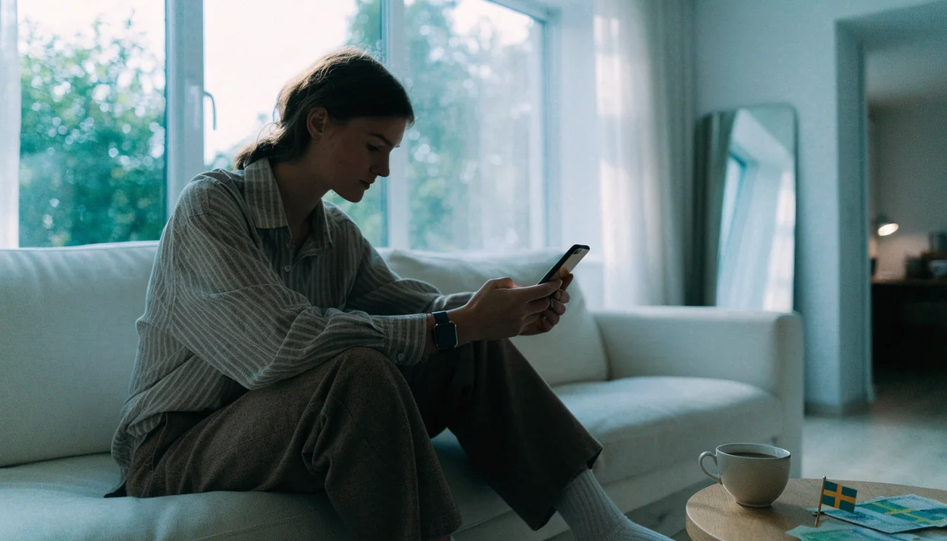 Svensk person med smartphone i modern lägenhet, Zimpler-betalning och BankID