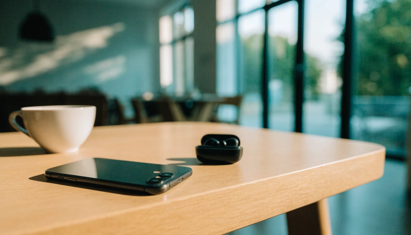 iPhone på ett bord i en modern svensk lägenhet, kaffe och hörlurar bredvid
