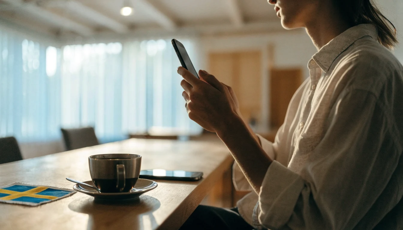 Person vid bordet med mobiltelefon och svensk flagga