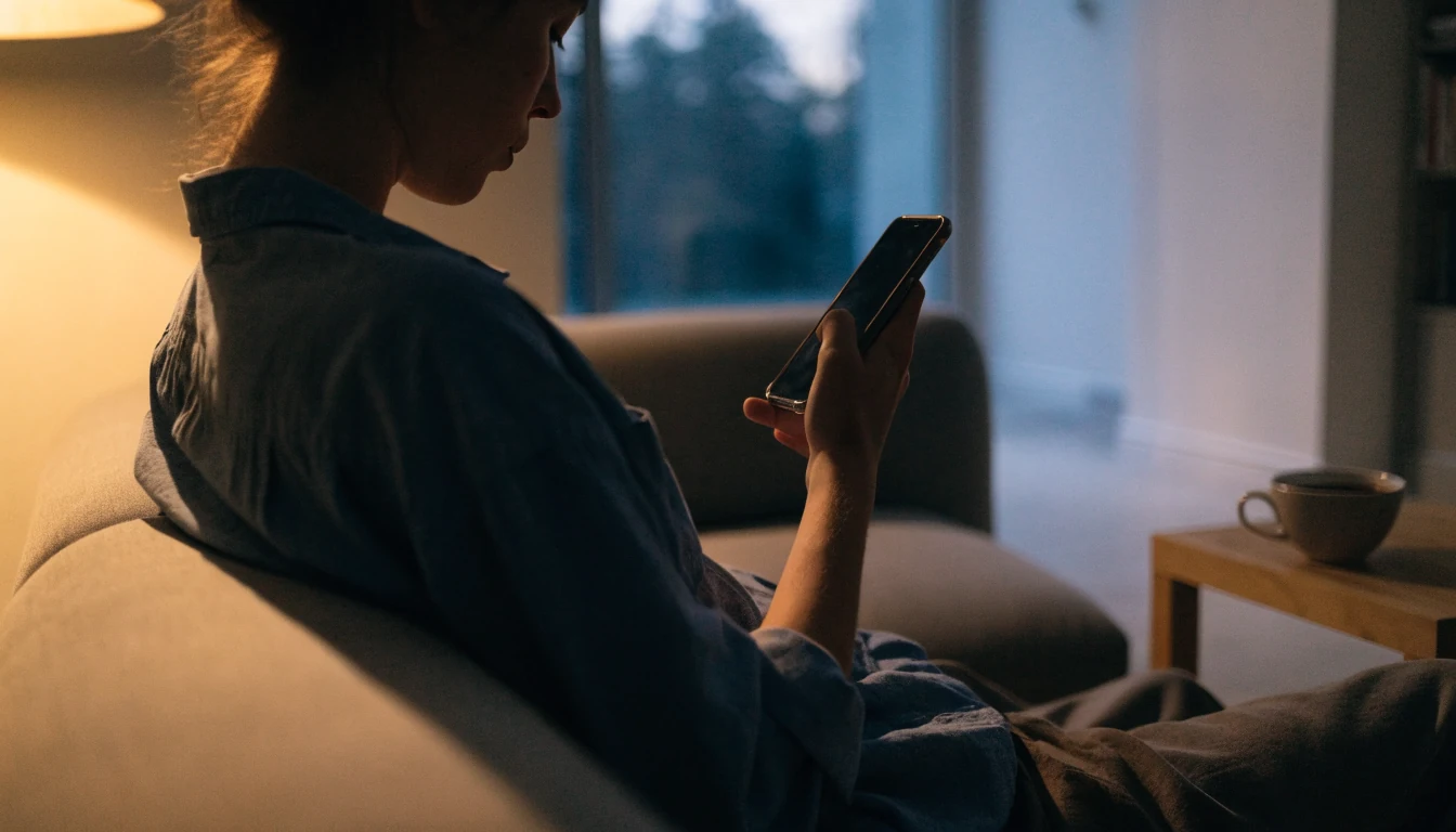Person som kopplar av i en modern svensk vardagsrum med mobilen vid sidan.