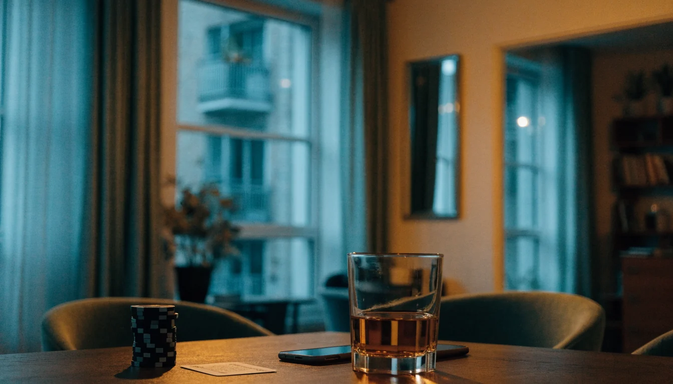 Stiliserad svart vardagsrum med casinotillbehör och nedåtvänd telefon