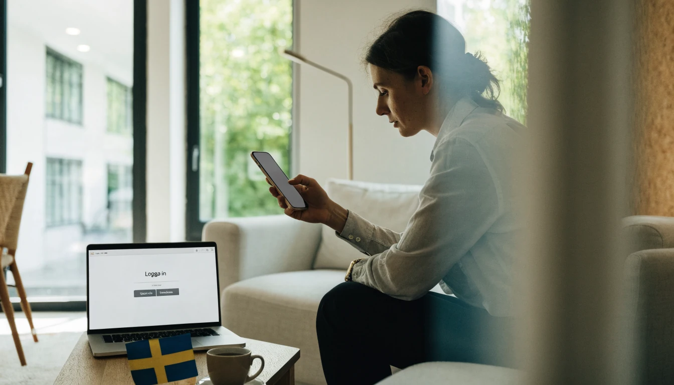 Person med smartphone i modernt svenskt vardagsrum med BankID-inloggning