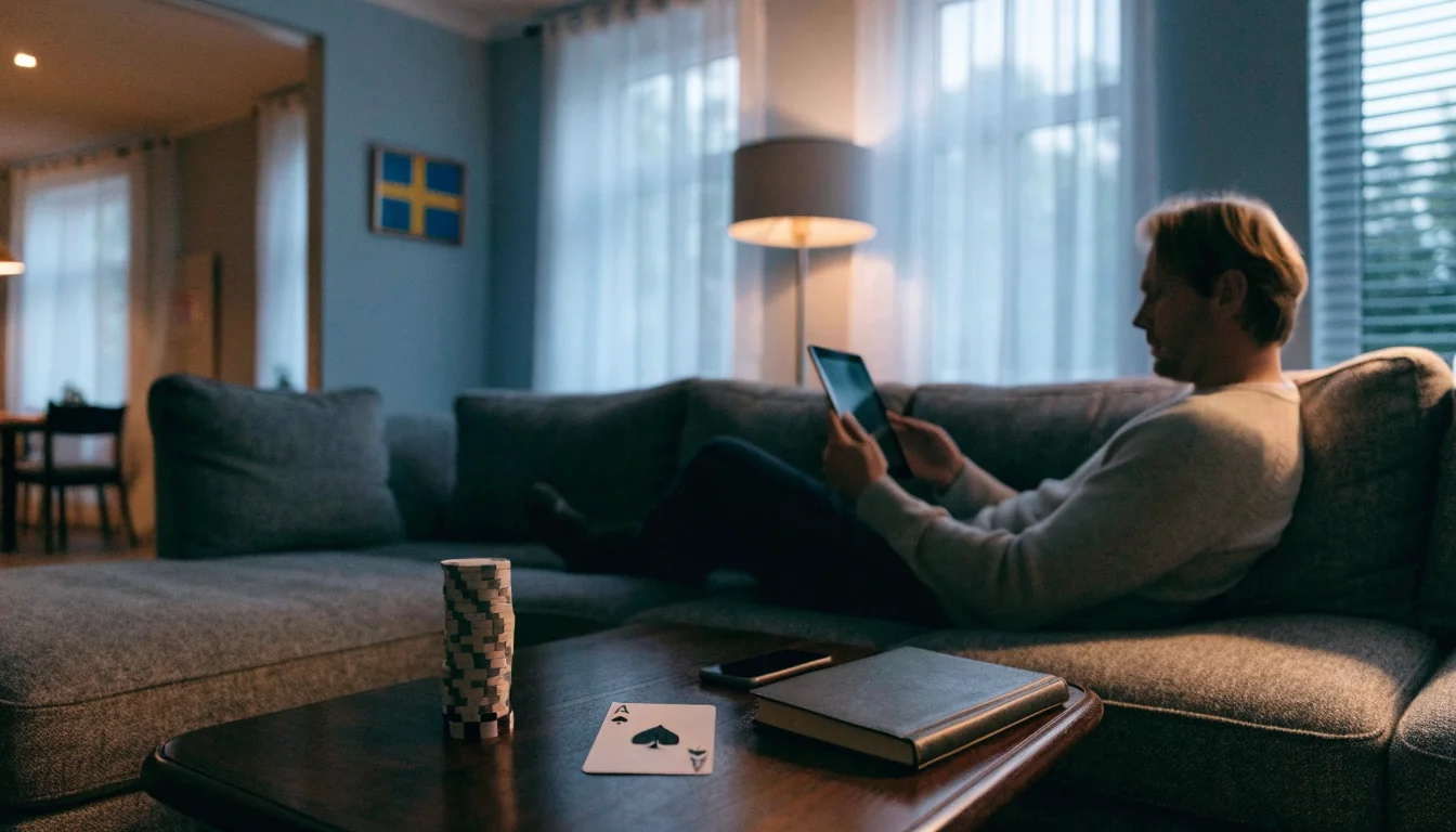 Svensk man i vardagsrum med casinofigurer och stängd telefon, svensk flagga i bakgrunden.