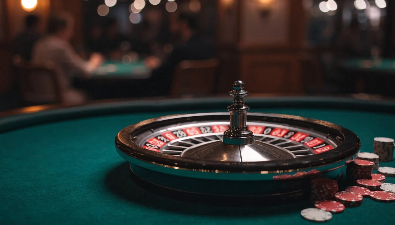 Europeisk roulettehjul med casinofärgar på filtbord i elegant casinomiljö